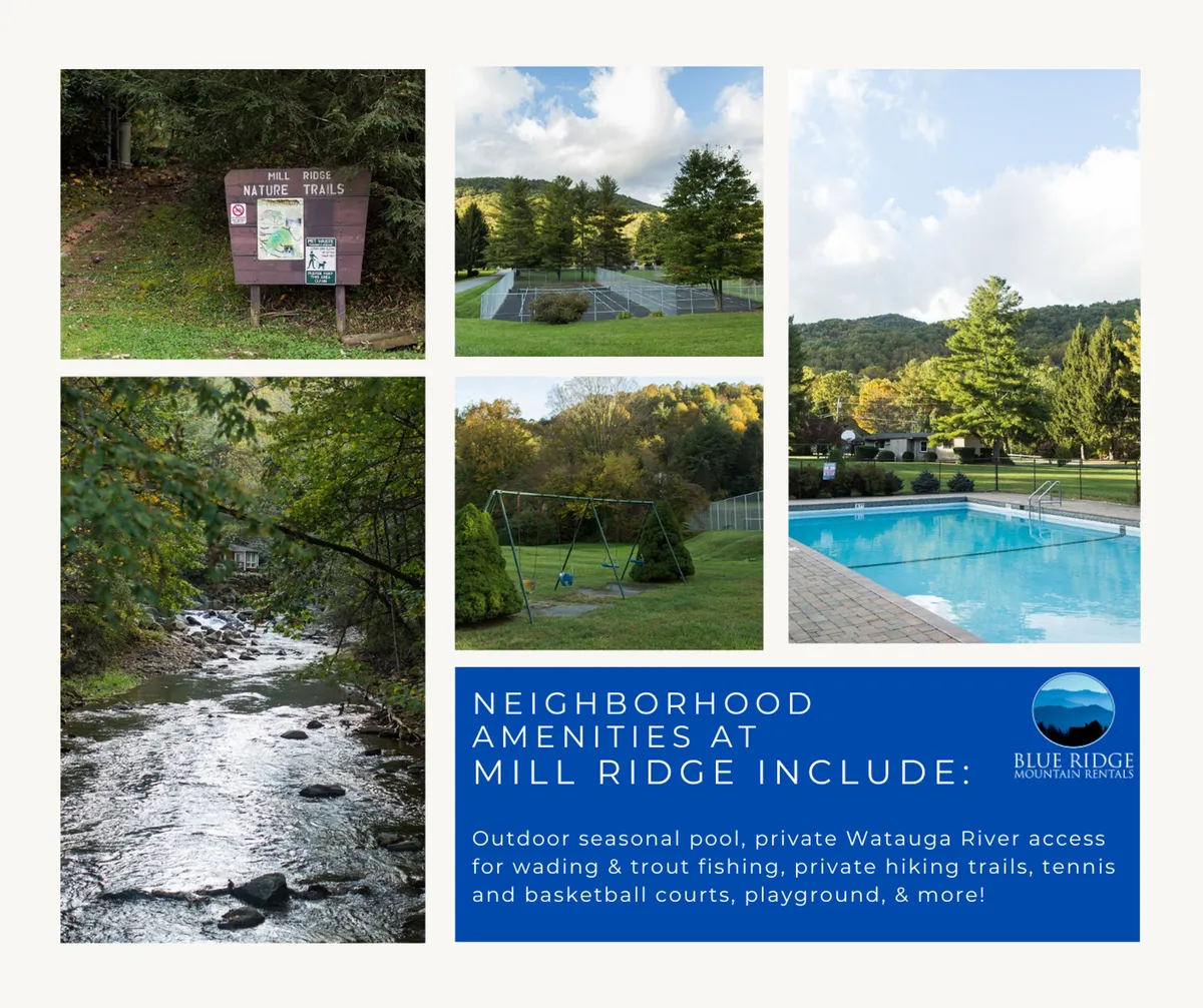 A dynamic view of the community’s amenities, including a nature trails sign, tennis courts, a playground, and a sparkling swimming pool, all framed by trees and the inviting creek.