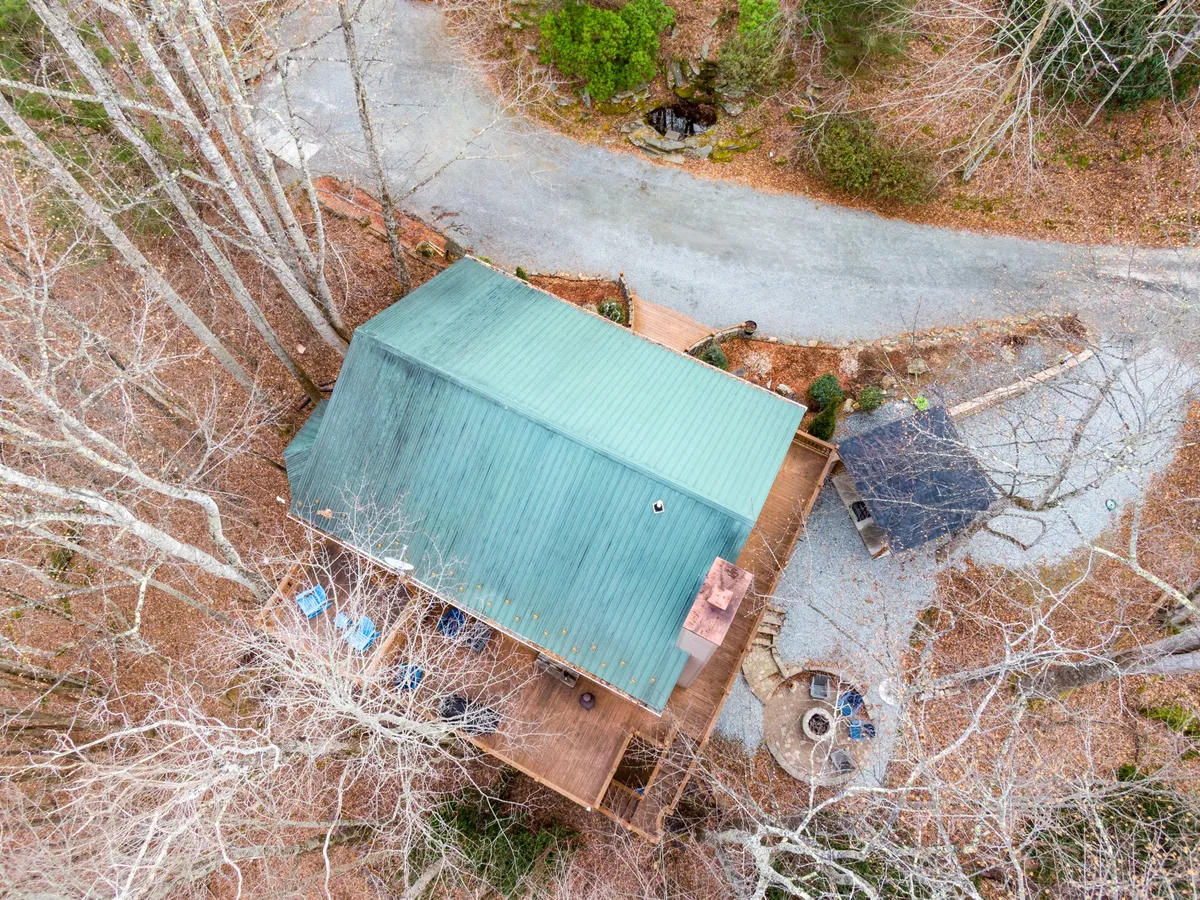 The image showcases a green-roofed home with a wooden deck and a fire pit encircled by trees. The deck area is ideal for outdoor gatherings, and the fire pit suggests evenings spent socializing or relaxing under the stars. The surrounding landscape emphasizes seclusion and natural beauty.